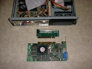 5 3dpcivideocardanditxadaptor.jpg - Here you can see the graphics card ( a Riva TNT 3D ), PCI adaptor and the ITX box it was installed to. The PCI card take some strain off the main CPU